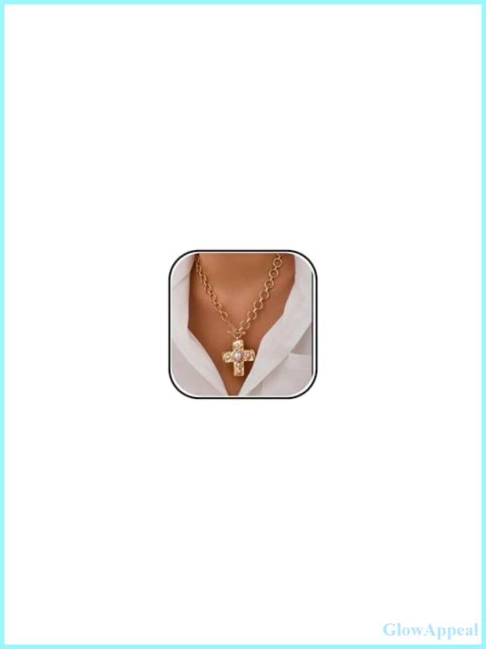 Chunky Cross Necklace Gold Plated Pearl Pendant Toggle Clasp Women Statement